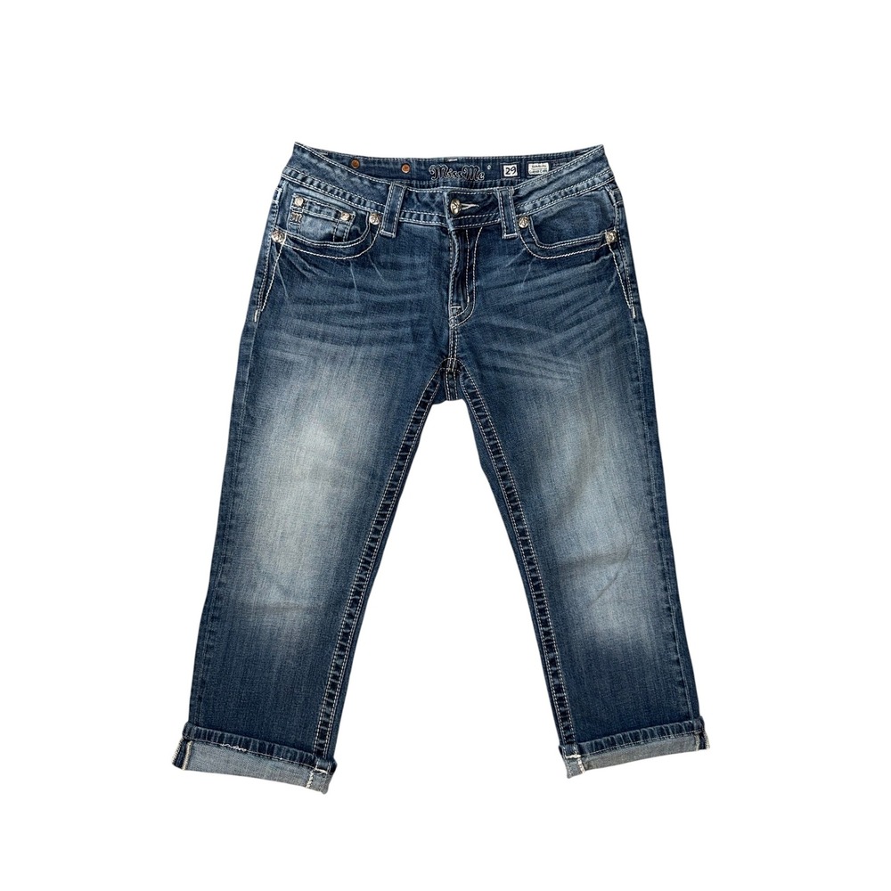 Miss Me Signature Cuffed Capri Women 29 Blue Embellished Zipper JY8413P‎